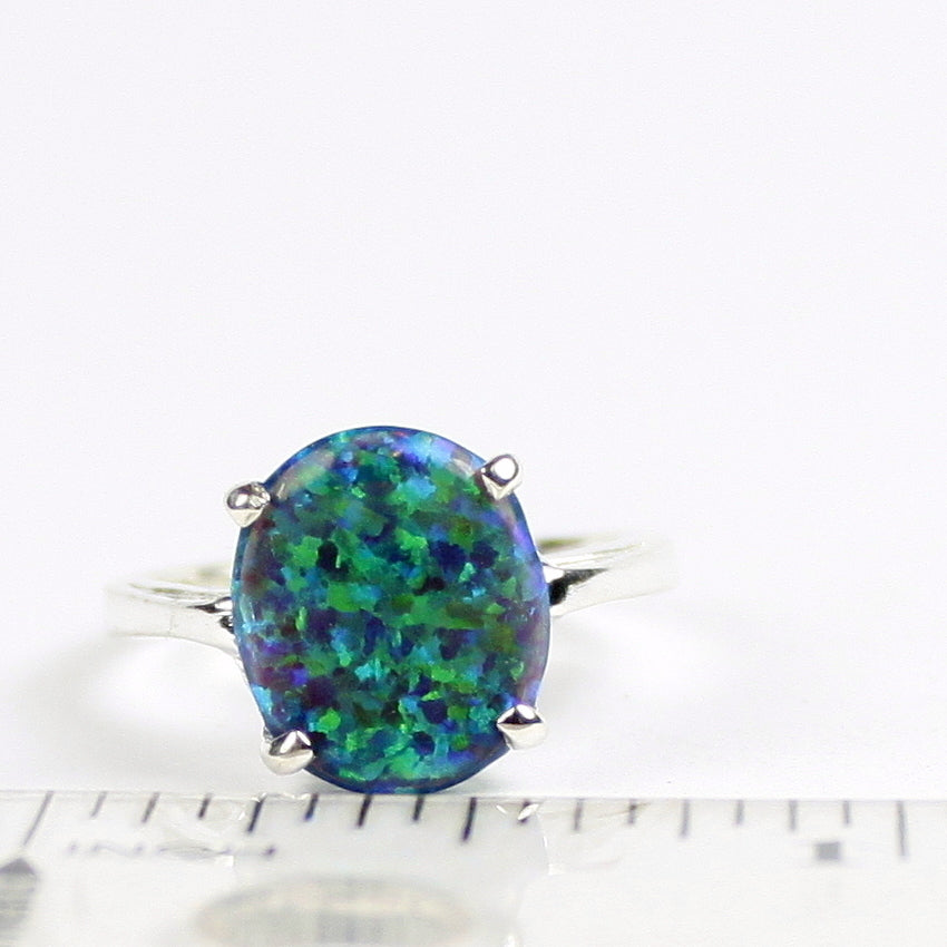 Sterling Silver Ladies Ring Created Blue Green Opal SR055 Image 6