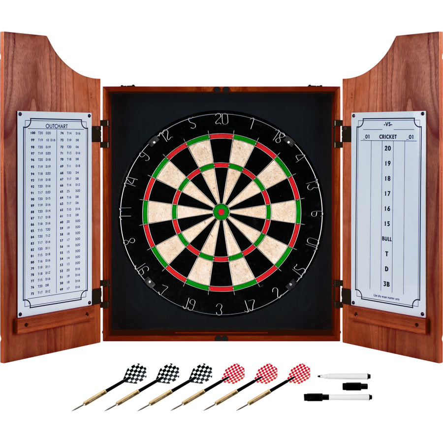 Beveled Wooden Dart Cabinet Professional Style Board and Darts Image 1