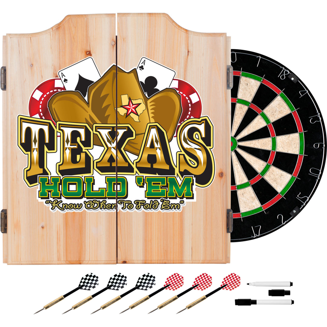 Texas Holdem Dart Cabinet Solid Wood Medium Finish Bristle Board Darts Included Image 1