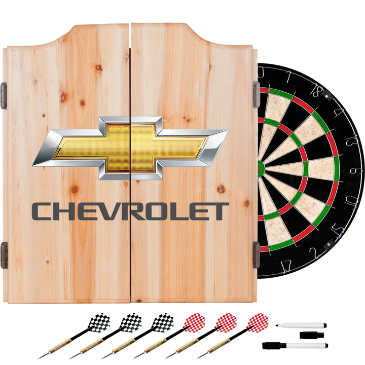 Chevrolet Dart Cabinet with Sisal Dartboard 6 Steel Tip Darts Dry Erase Scoreboard Image 1