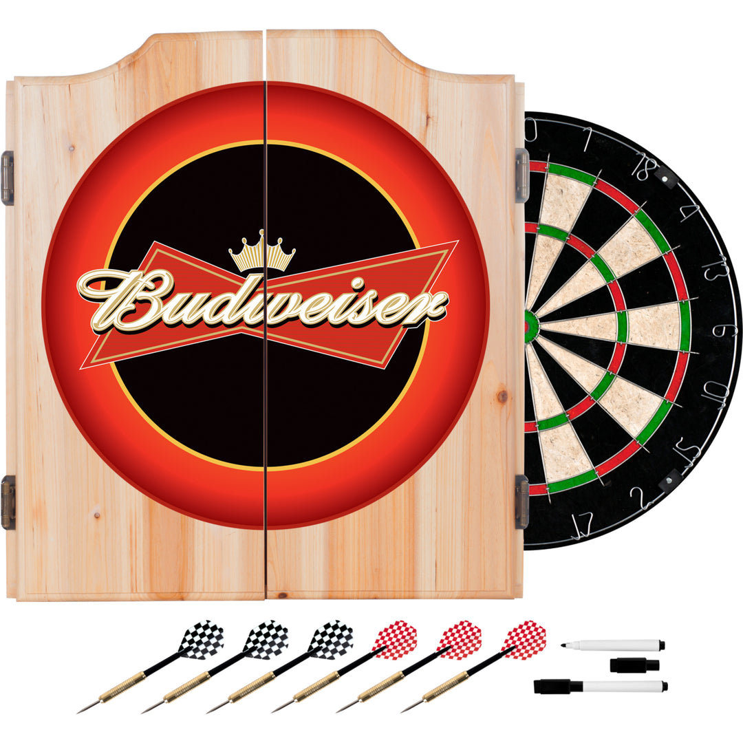 Budweiser Dart Cabinet Solid Wood Bristle Board 2 Sets of Darts Medium Finish Image 1