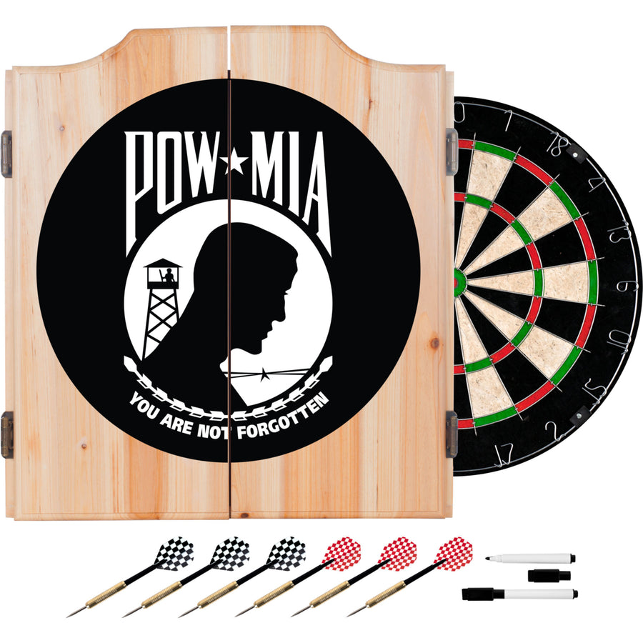 POW Dart Cabinet Solid Wood Medium Finish with Darts and Bristle Board 22x25 inch Image 1