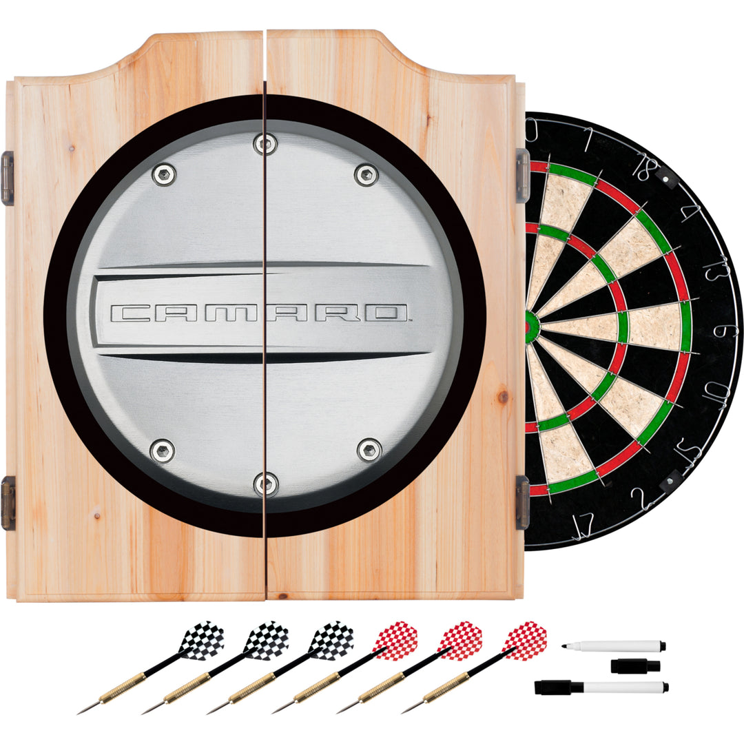 Camaro Dart Cabinet Solid Pine with Bristle Dartboard 6 Steel Tip Darts Scoreboard Image 1