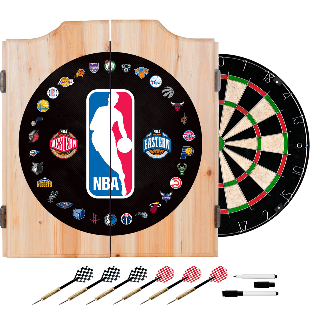 NBA Logo with All Teams Beveled Wood Dart Cabinet Set Image 1