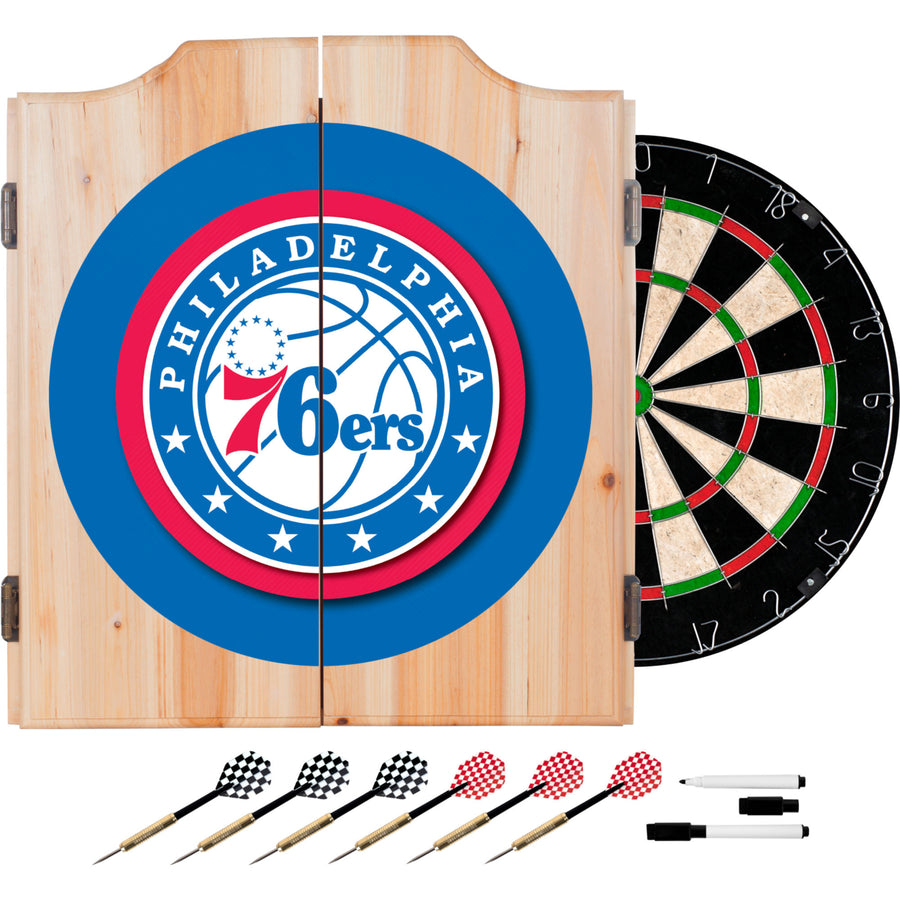 Philadelphia 76ers NBA Wood Dart Cabinet Set with Sisal Dartboard and Darts Image 1