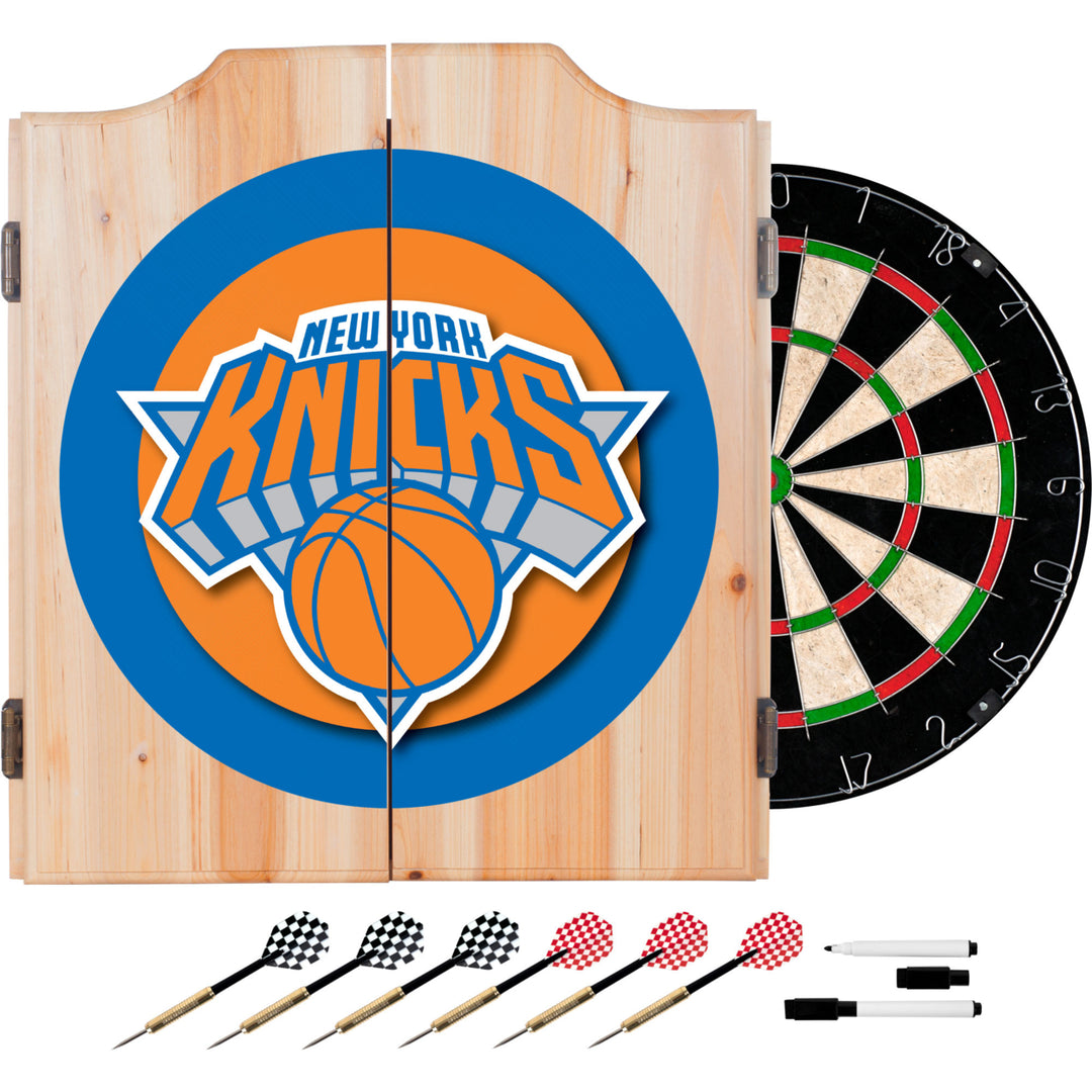 York Knicks Dart Cabinet Set Wood Sisal Board 6 Steel Darts Scoreboard Image 1