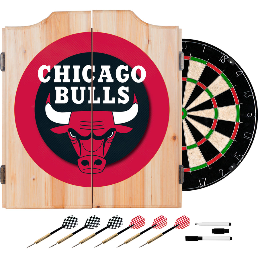 Chicago Bulls Wood Dart Cabinet Set Self Healing Sisal Darts Dry Erase Scoreboard Image 1