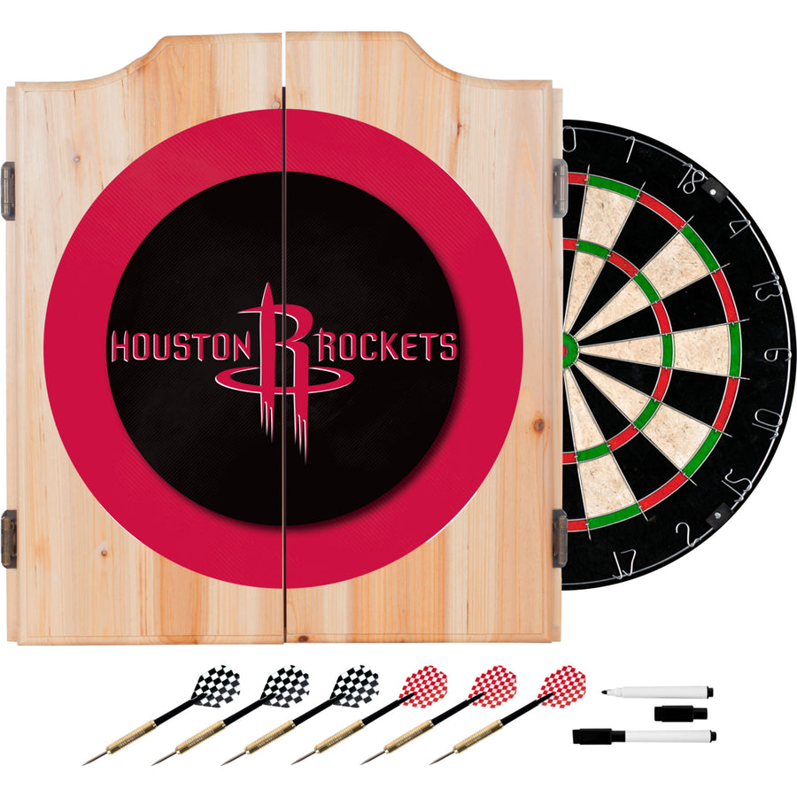 Houston Rockets Dart Cabinet Set Beveled Wood Self Healing Dartboard 6 Darts Image 1