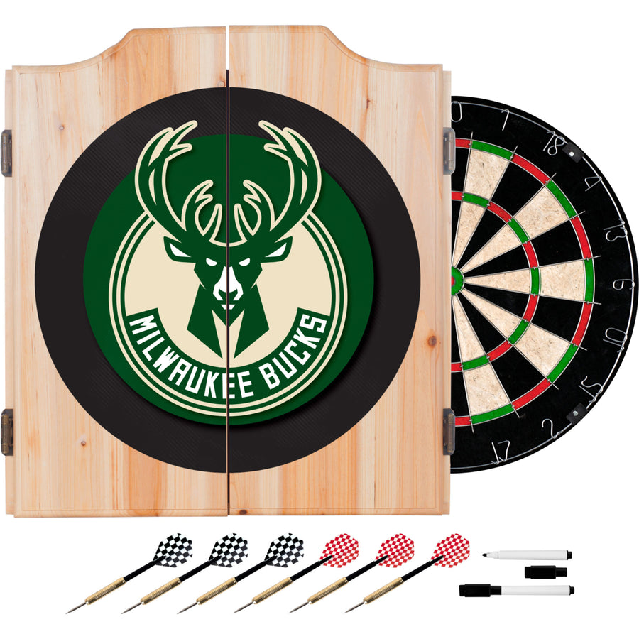 Milwaukee Bucks Dart Cabinet Set Officially Licensed Wood 18 Inch Dartboard Image 1