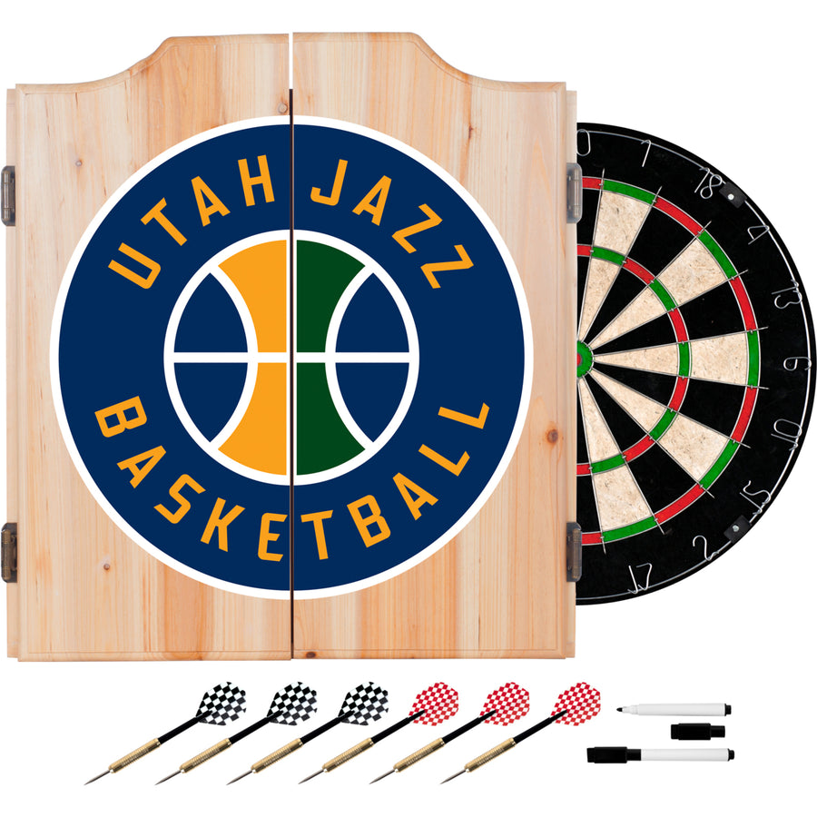 Utah Jazz Wood Dart Cabinet Set with Self Healing Dartboard and Steel Tip Darts Image 1