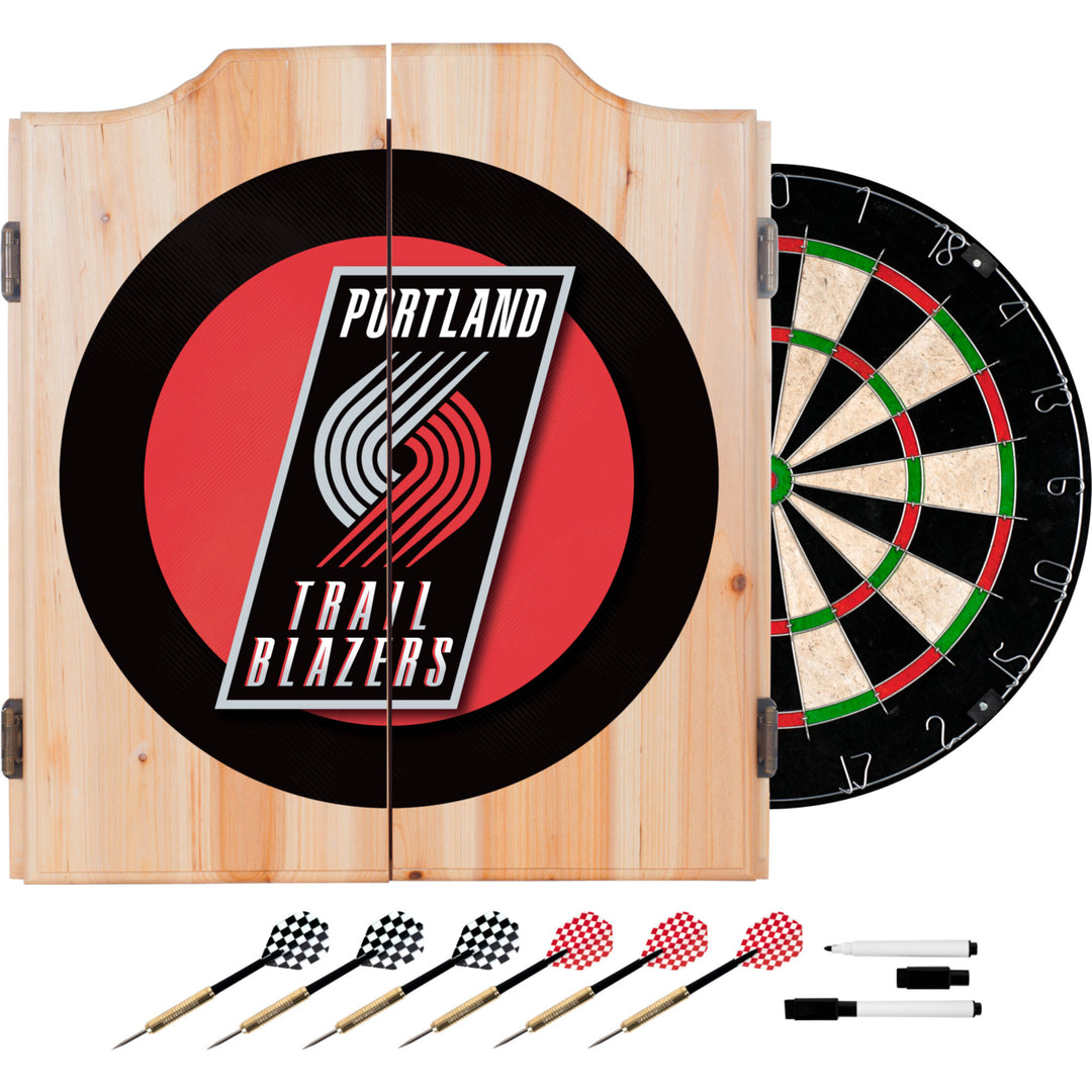 Portland Trail Blazers Dart Cabinet Set Beveled Wood 18 Inch Sisal Dartboard Image 1