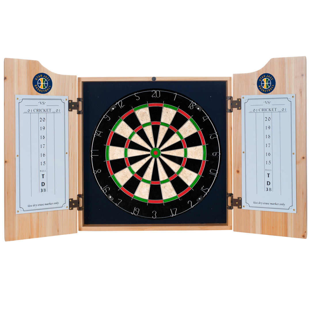 Utah Jazz Wood Dart Cabinet Set with Self Healing Dartboard and Steel Tip Darts Image 2