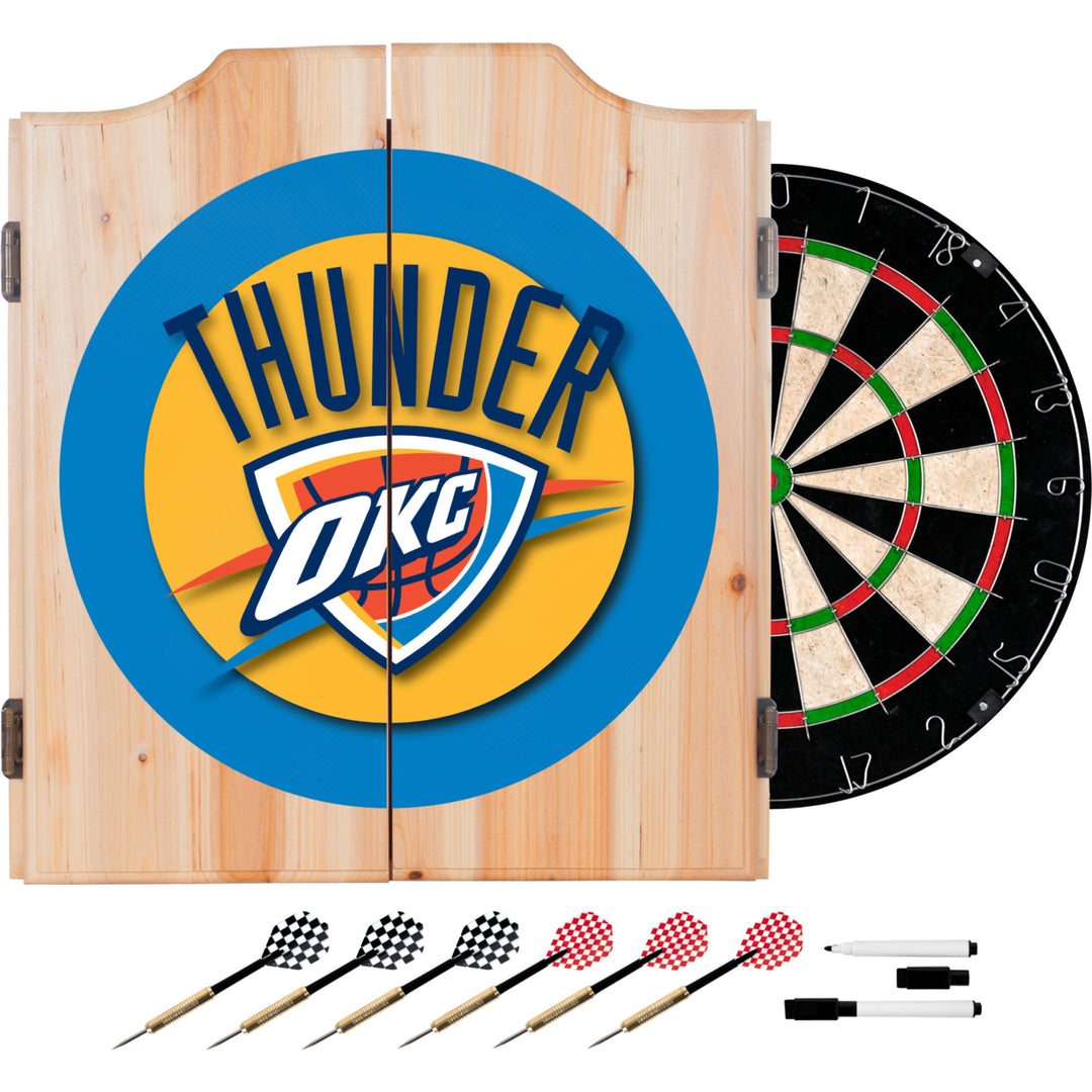 Oklahoma City Thunder Dart Cabinet Set Beveled Wood with Sisal Dartboard and Darts Image 1