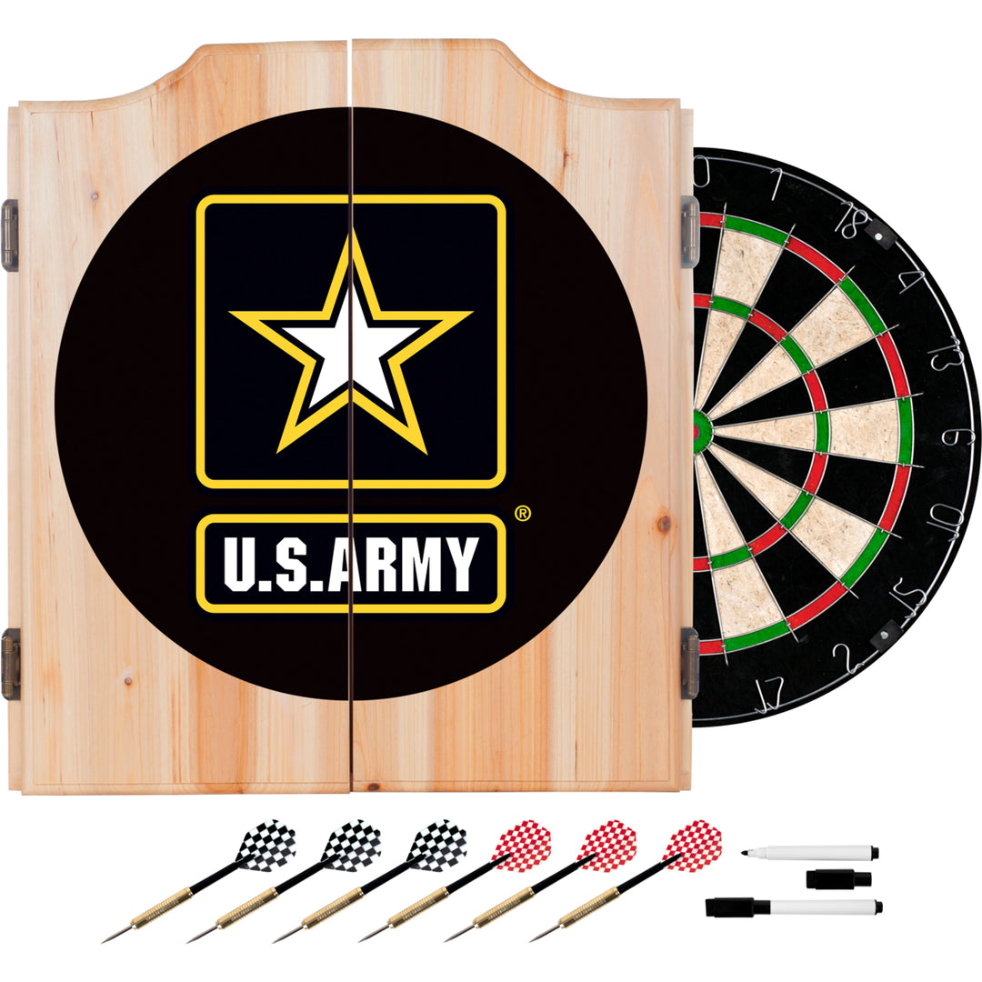 U.S. Army Wood Dart Cabinet Set Beveled Self Healing Dartboard with Darts and Scoreboard Image 1