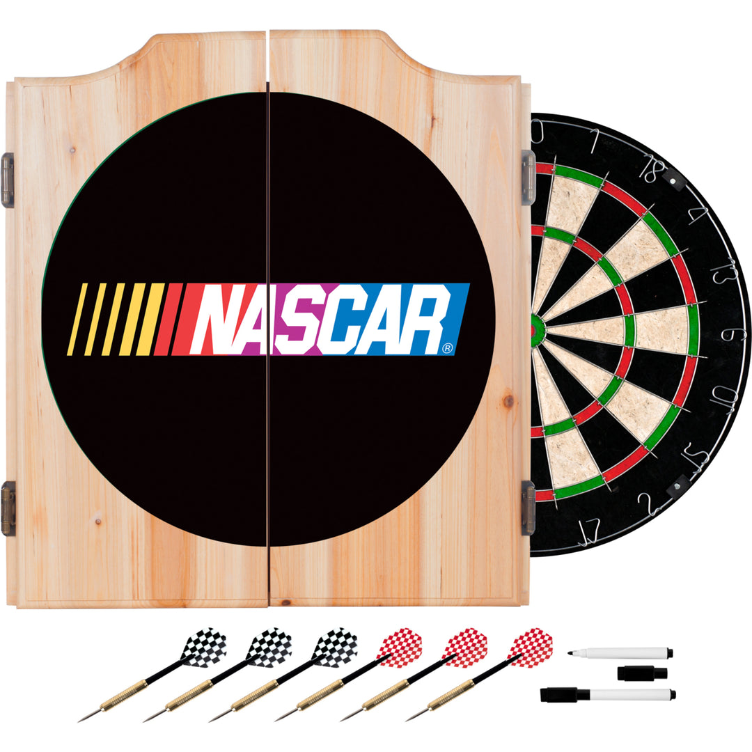 NASCAR Beveled Wood Dart Cabinet Set with Sisal Dartboard and Steel Tip Darts Image 1