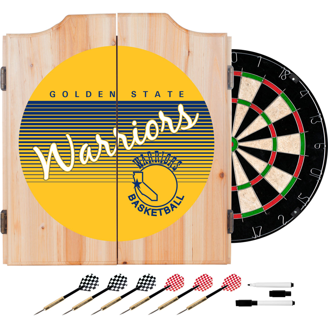 Golden State Warriors Dart Cabinet Beveled Wood with Sisal Dartboard and Darts Image 1