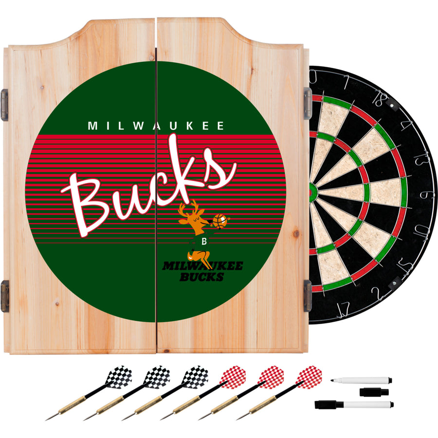 Milwaukee Bucks Dart Cabinet Solid Pine 18 Inch Sisal Board 6 Steel Tip Darts Image 1