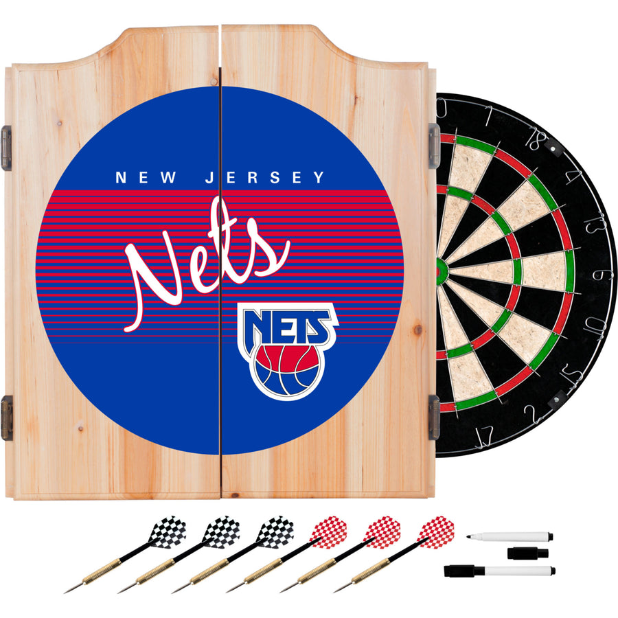 Jersey Nets Dart Cabinet Beveled Wood 18 Inch Dartboard with Darts and Scoreboard Image 1