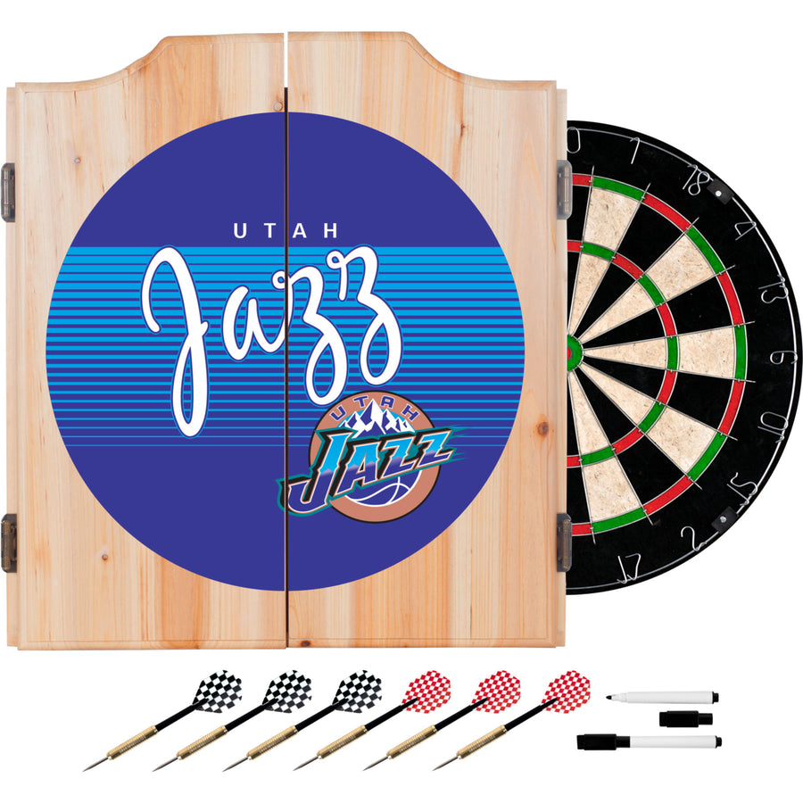 Utah Jazz Wood Dart Cabinet with Sisal Dartboard and Steel Tip Darts 18 Inch Image 1