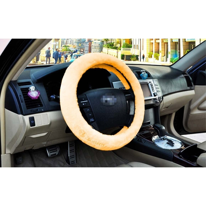 Zone Tech Plush Comfortable Beige Car Truck SUV Van Steering Wheel Cover Protector Faux Sheepskin Image 4