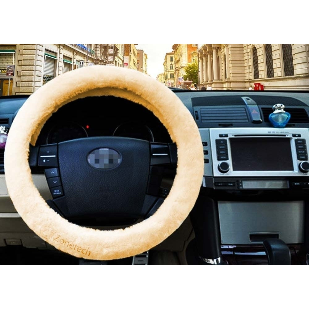 Zone Tech Plush Comfortable Beige Car Truck SUV Van Steering Wheel Cover Protector Faux Sheepskin Image 4