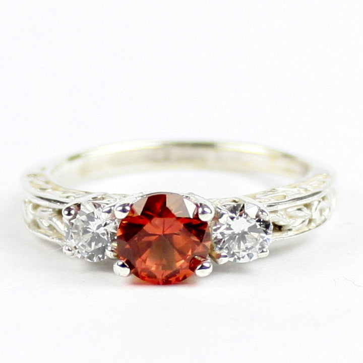 SR254 6mm Created Padparadsha Sapphire w/ Two 4mm CZ Accents 925 Sterling Silver Engagement Ring Image 1