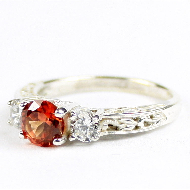 SR254 6mm Created Padparadsha Sapphire w/ Two 4mm CZ Accents 925 Sterling Silver Engagement Ring Image 2