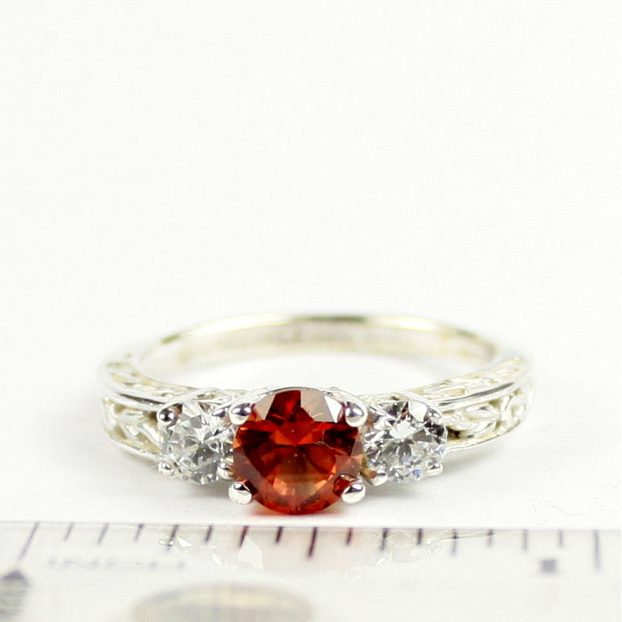 SR254 6mm Created Padparadsha Sapphire w/ Two 4mm CZ Accents 925 Sterling Silver Engagement Ring Image 4