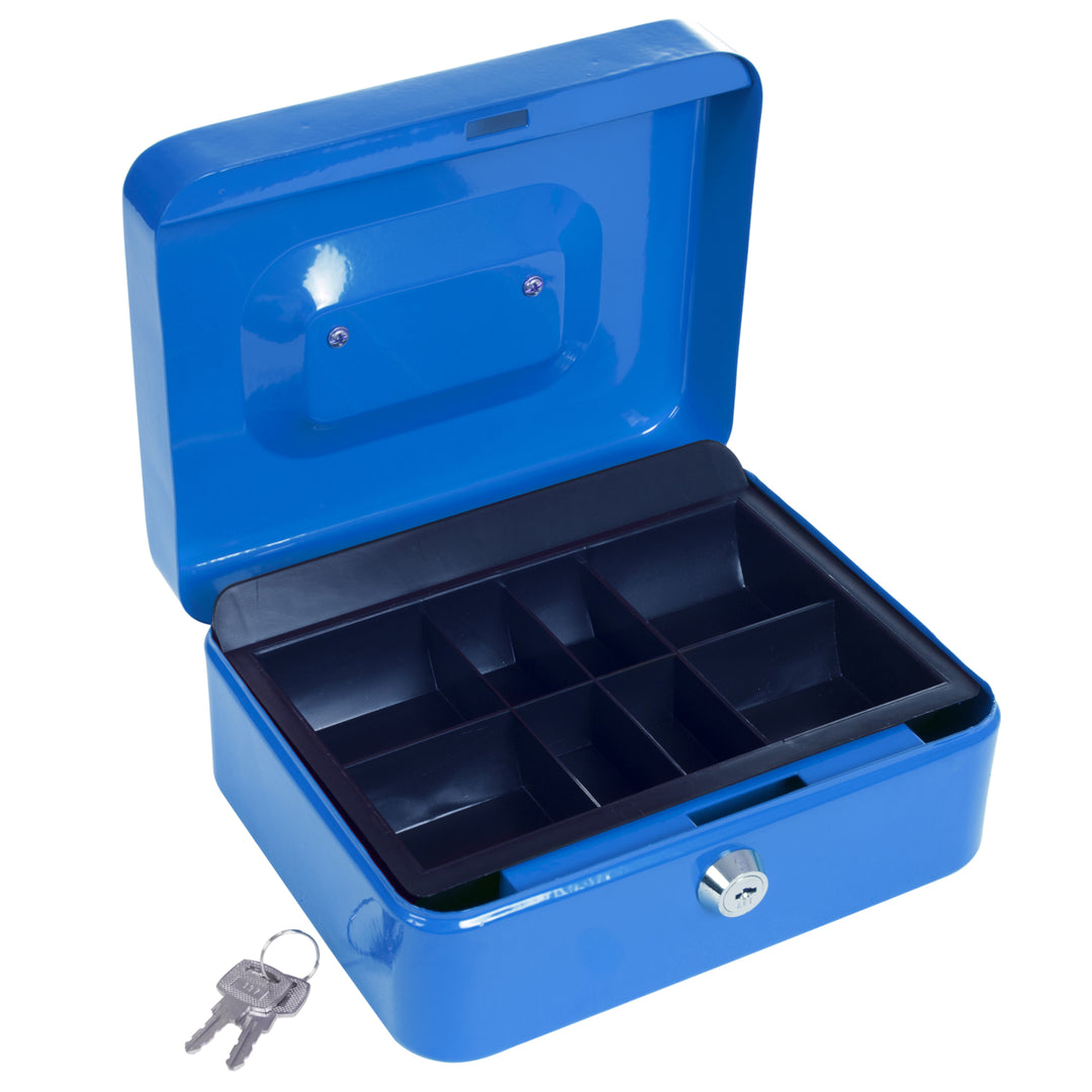 Stalwart 8 Inch Cash Box Blue with Coin Tray Security Lock Two Keys Metal Image 4