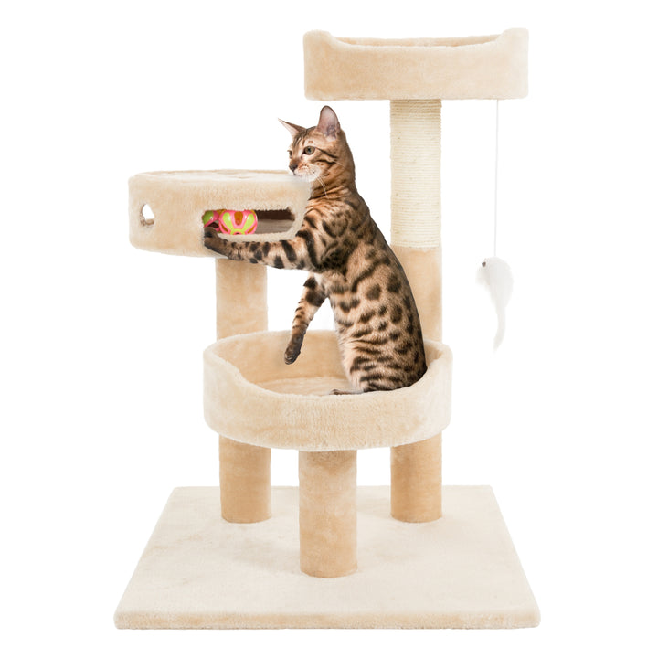 Cat Tree 3 tier 27.5in high 2 hanging toys a 3 ball play area and scr Image 2
