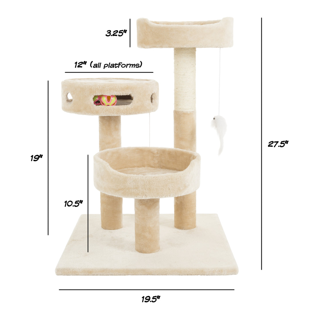 Cat Tree 3 tier 27.5in high 2 hanging toys a 3 ball play area and scr Image 3