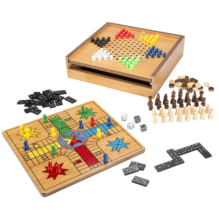 Hey! Play! 7-in-1 Combo Game Set Chess Checkers Ludo Backgammon Dominoes Wood Image 1