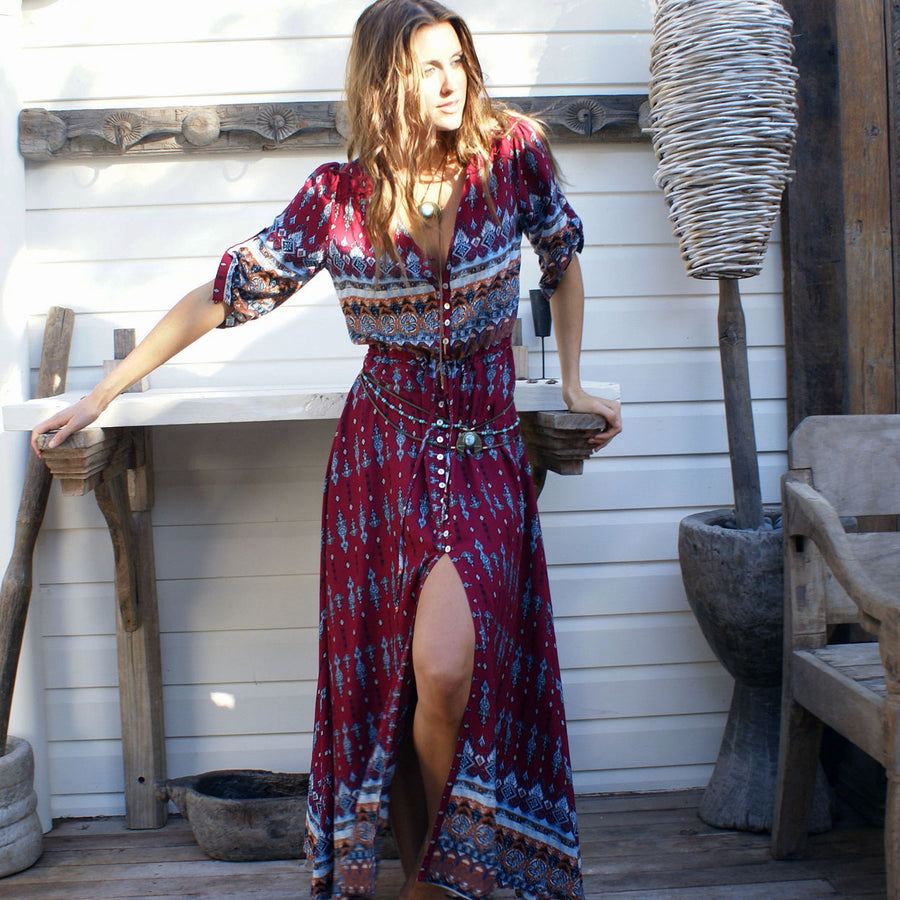 Roll Tab Sleeve Boho Style Summer Beach Long Dress Image 1