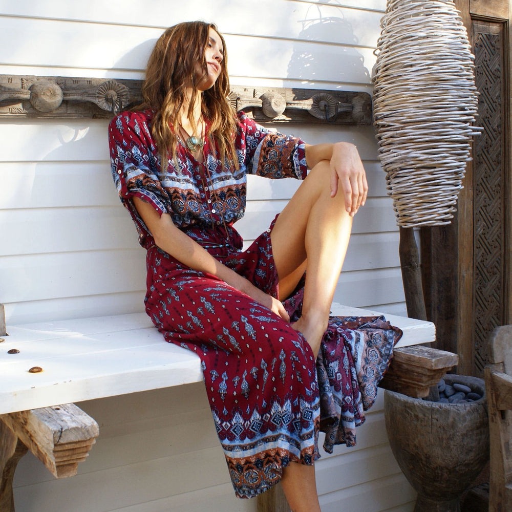 Roll Tab Sleeve Boho Style Summer Beach Long Dress Image 2