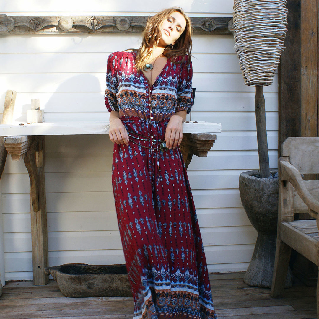 Roll Tab Sleeve Boho Style Summer Beach Long Dress Image 3