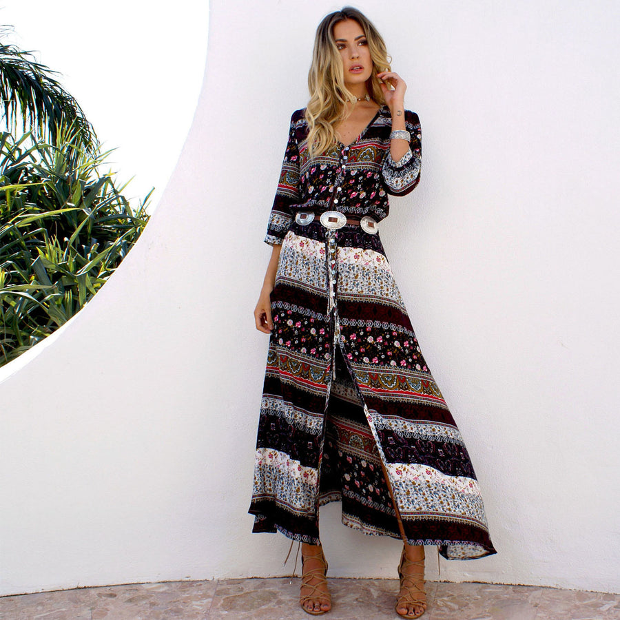 Deep V Neck Boho Casual Maxi Dress Image 1