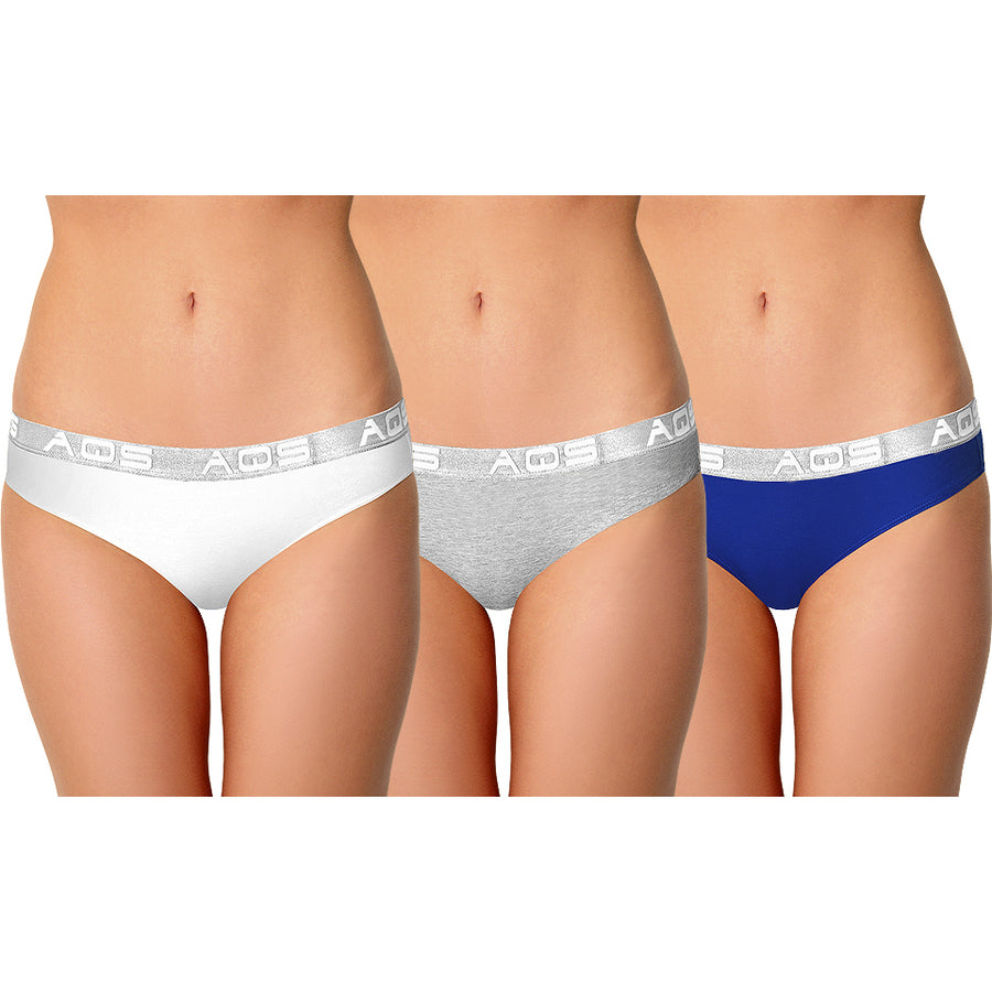 AQS Ladies White/Grey/Dark Blue Cotton Bikini Underwear - 3 Pack Image 1