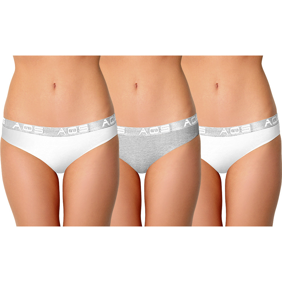 AQS Ladies White/Grey Cotton Bikini Underwear - 3 Pack Image 1