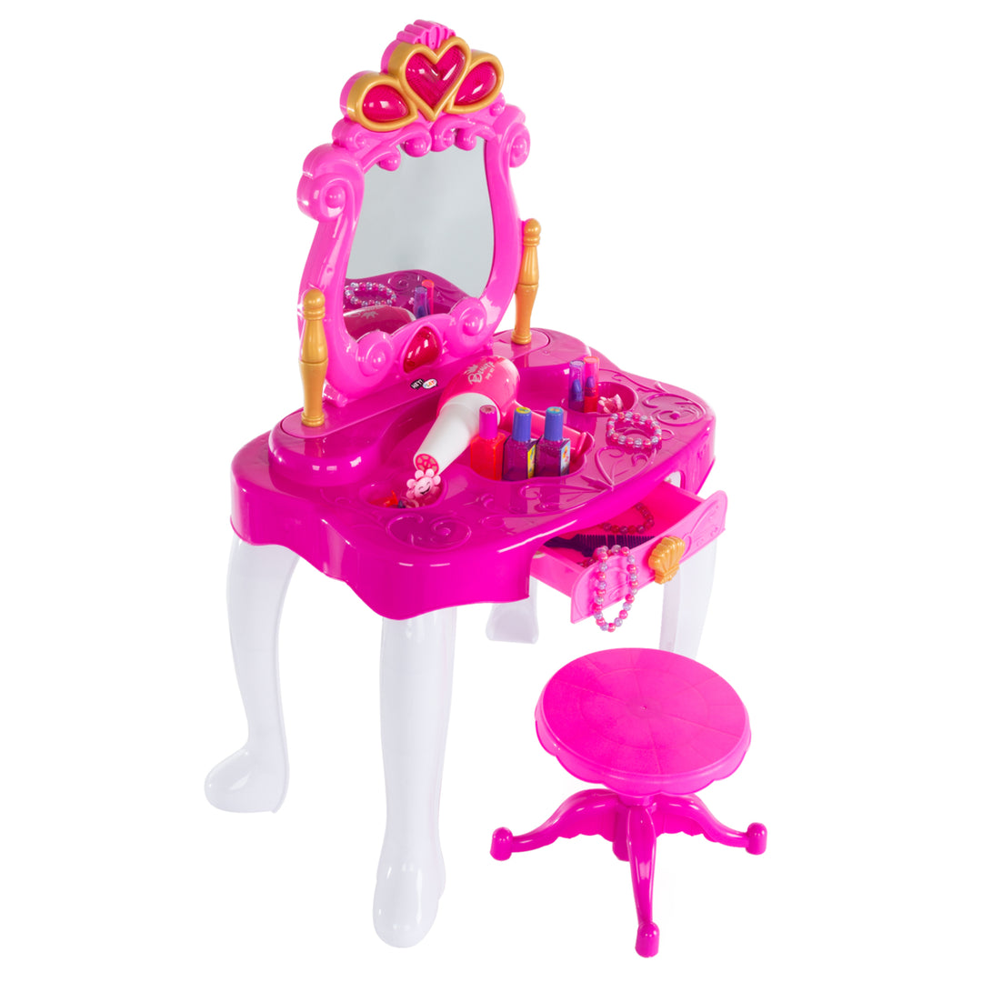 Pretend Play Princess Vanity with Stool Childrens Make Up Table Mirror with Music and Lights Image 1