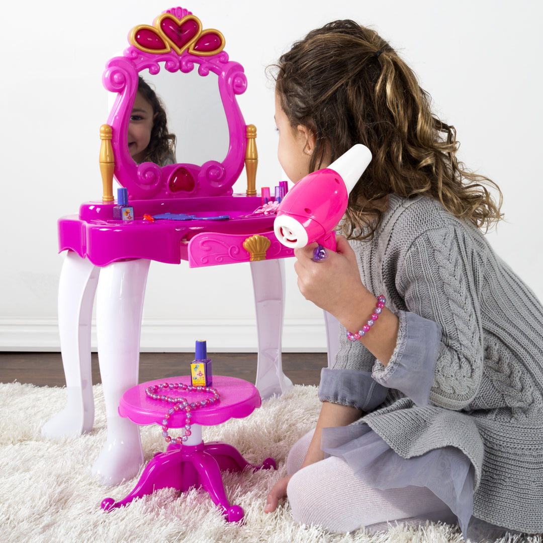 Pretend Play Princess Vanity with Stool Childrens Make Up Table Mirror with Music and Lights Image 4