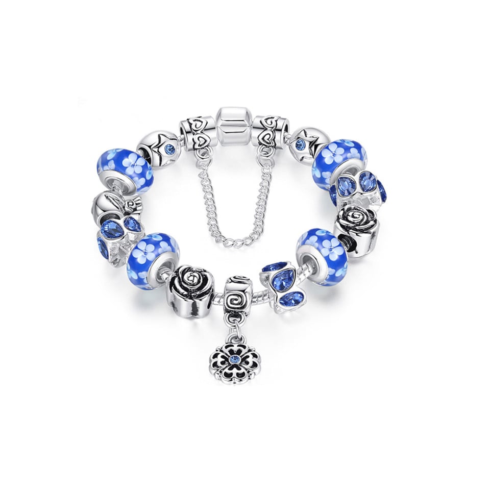 Murano Glass Swarovski Crystal Charm Bracelet Blue 18k White Gold Plated Image 1