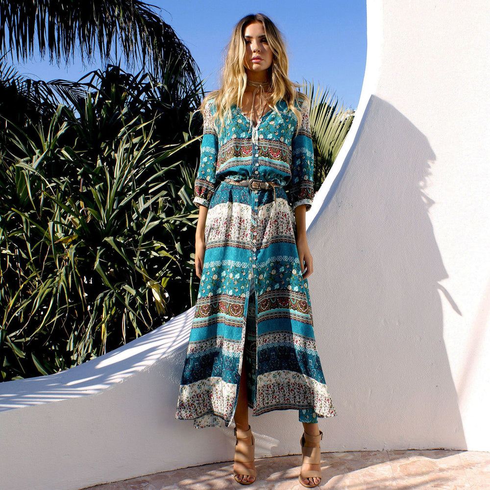 Three Quarter Sleeve Bohemian Style Beach Party Dress Image 2