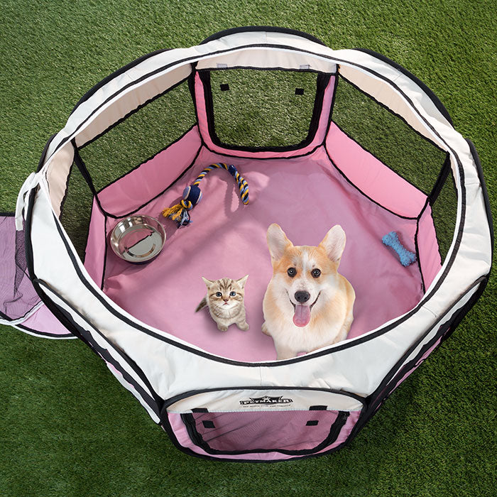Portable Pop Up Pet Play Pen with carrying bag 38in diameter 24in Pink by PETMAKER Image 1