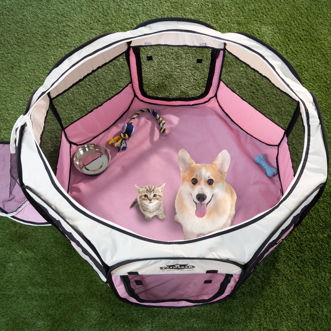 Portable Pop Up Pet Play Pen with carrying bag 38in diameter 24in Pink by PETMAKER Image 2