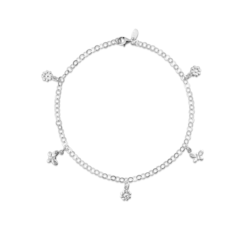 Sterling Silver Butterfly and Flower Charm Anklet Image 1