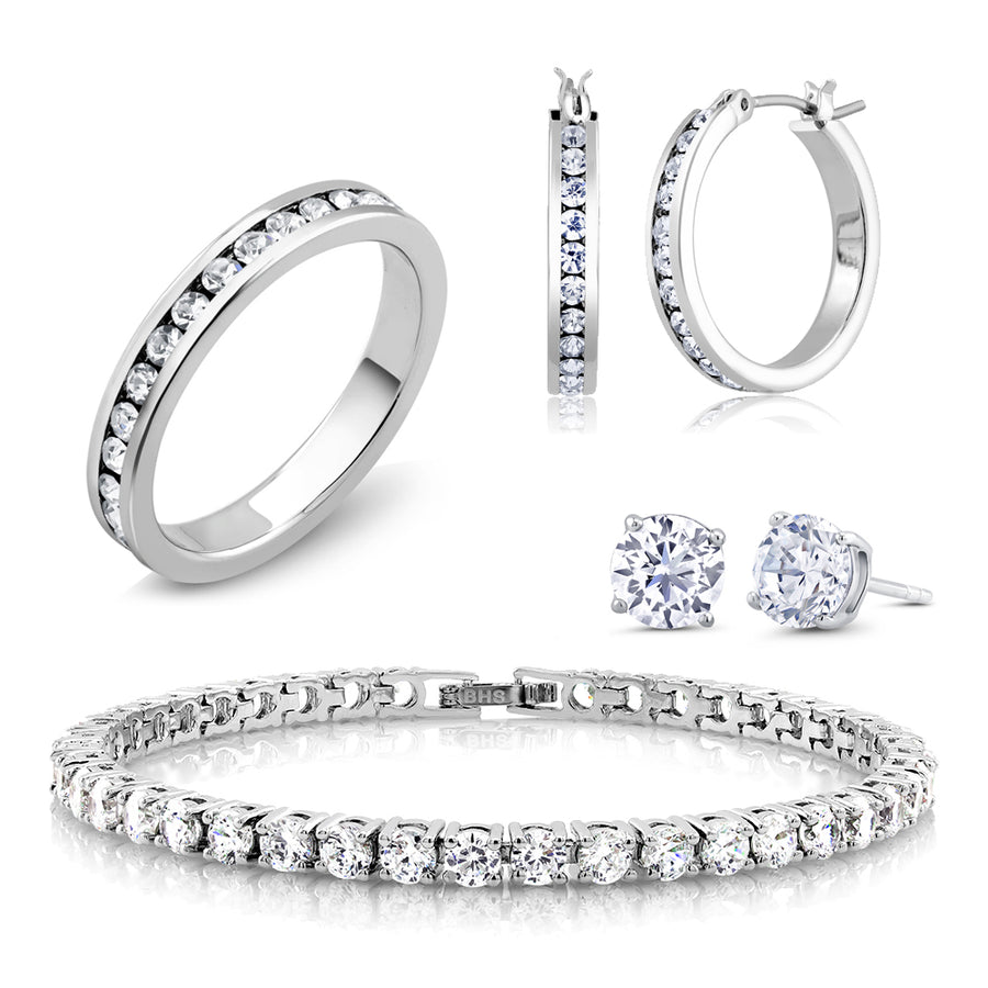 18K White Gold and CZ Jewelry Set -  HoopsStudsTennis Bracelet and Ring Image 1