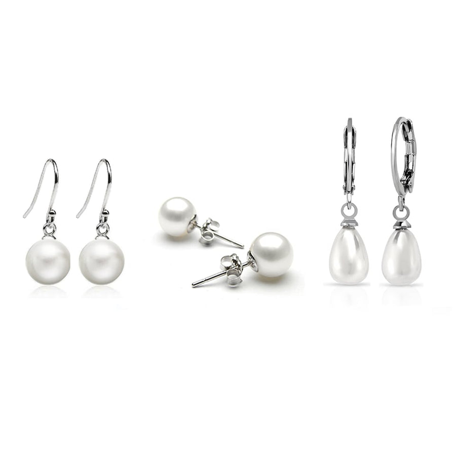 Set of 3 White Pearl Earrings 18k White Gold Plated Brass Stud Leverback Drop Image 1