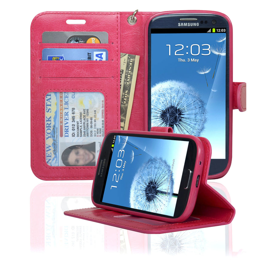 Navor Samsung Galaxy S3 Deluxe Book Style Folio Wallet Leather Case with Money Pocket & Removable Strap ( HOT PINK ) S3O Image 1