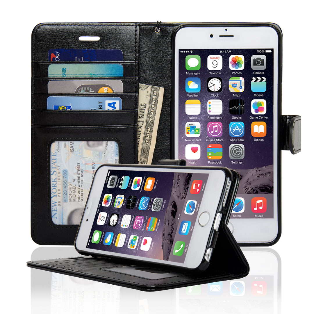 iPhone 6 Plus Premium Synthetic Leather Folio Wallet Case (Black) IP6P Image 1