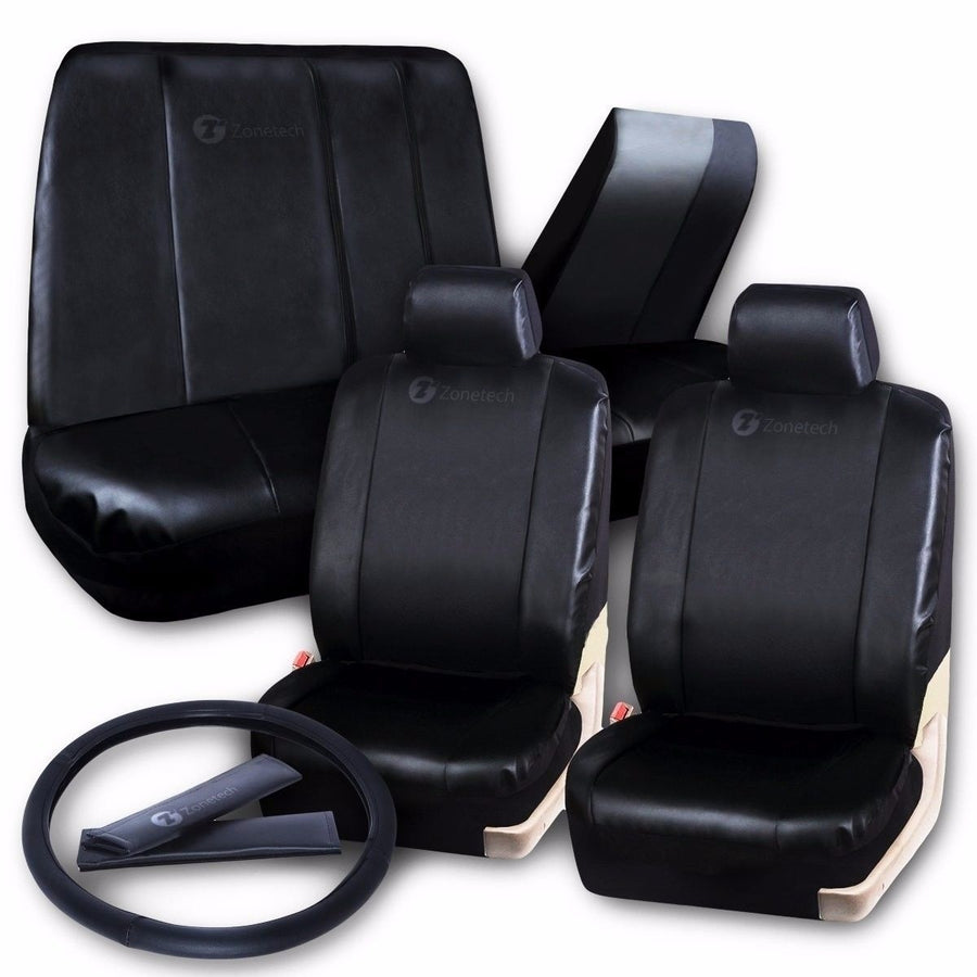 Zone Tech Black PU Leather Car Seat kChair Bench Cover Headrests Steering Wheel Full Set Image 1
